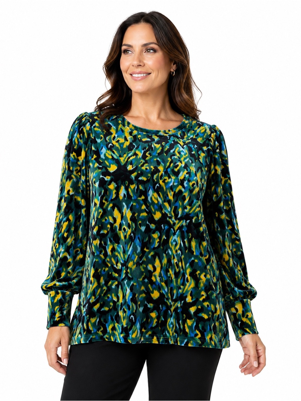 Chico's Size 3 Velvet Puff Sleeve Blouse Bright Multicolor Animal Print Chico XL